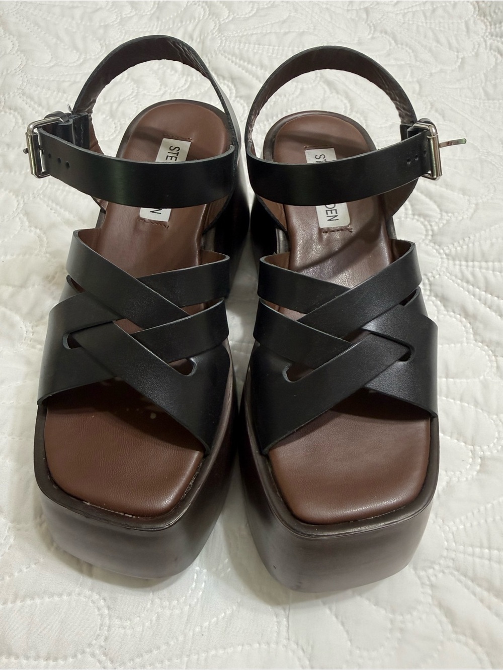 Steve Madden Black Leather Crisscross Platform Sandals